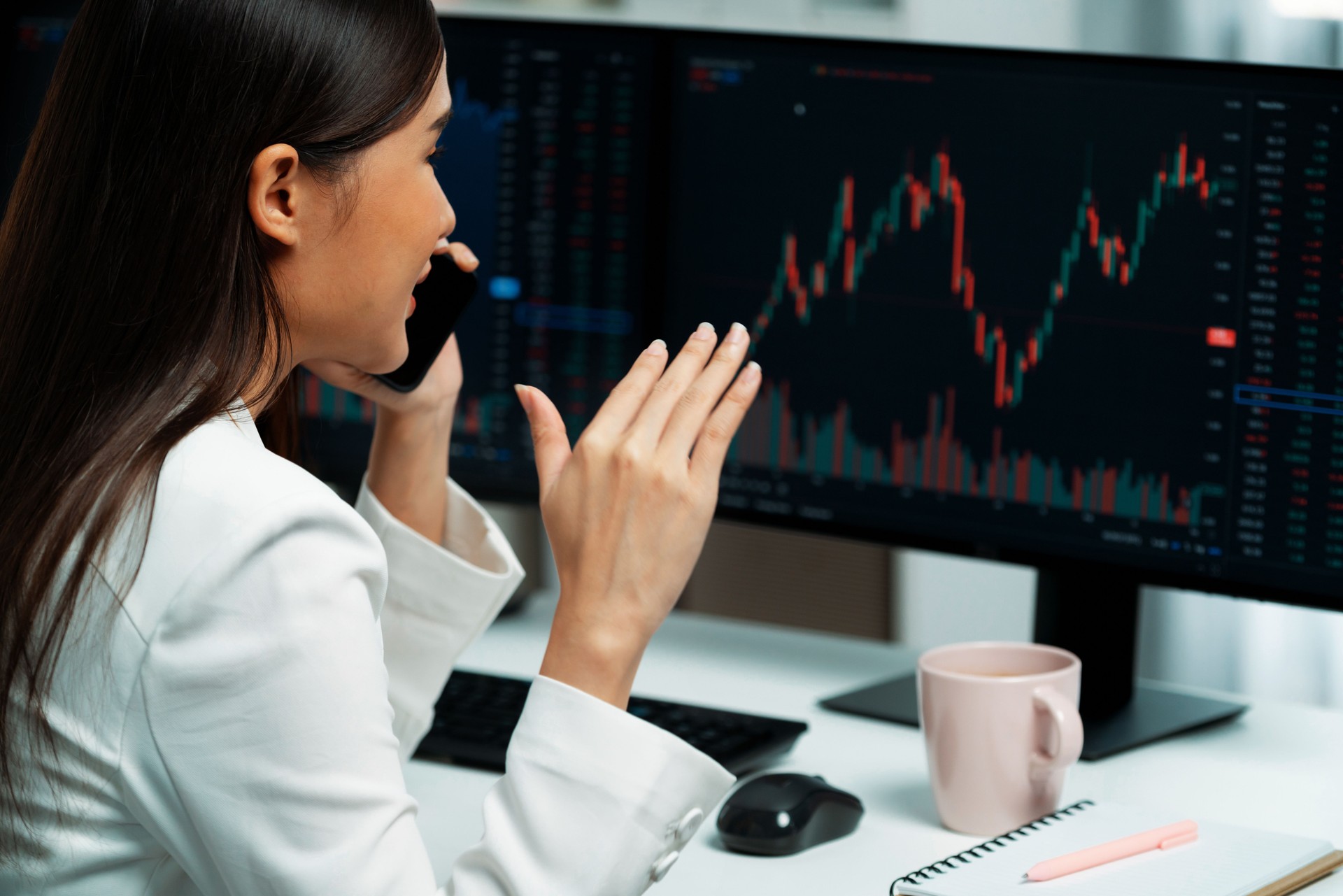 Businesswoman calling to broker to analyze stable profit value stock. Stratagem.